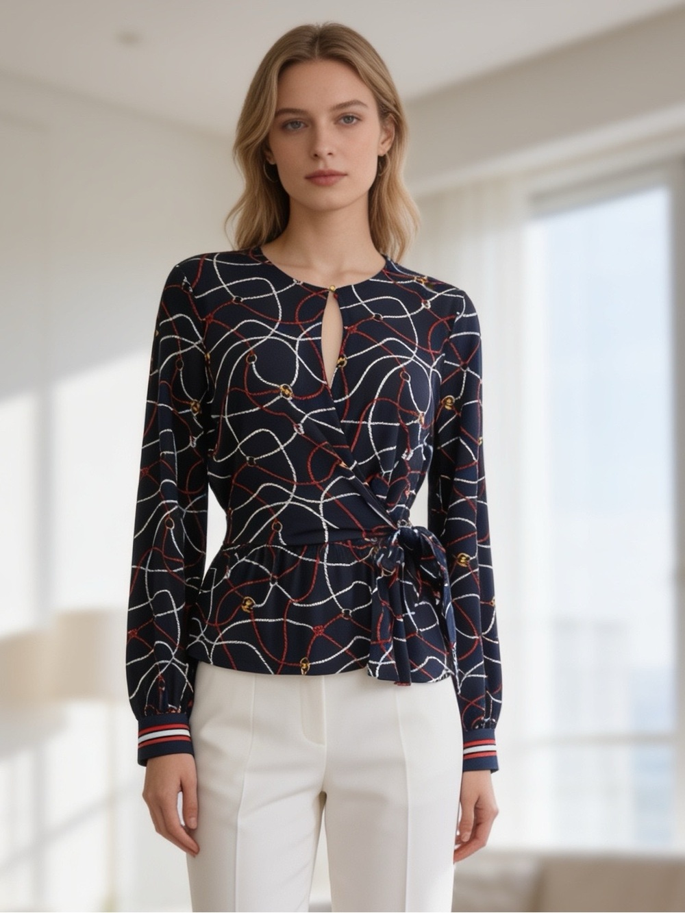 Michael Michael Kors Wrap Blouse Navy Red White Long Sleeve XS Like New